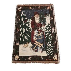 Vintage Goodwin Weavers Blanket Throw Santa Christmas Holiday Tapestry 65"x44"